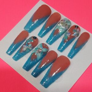 Blue and Red Ombre Press-On Nails with Floral Accents